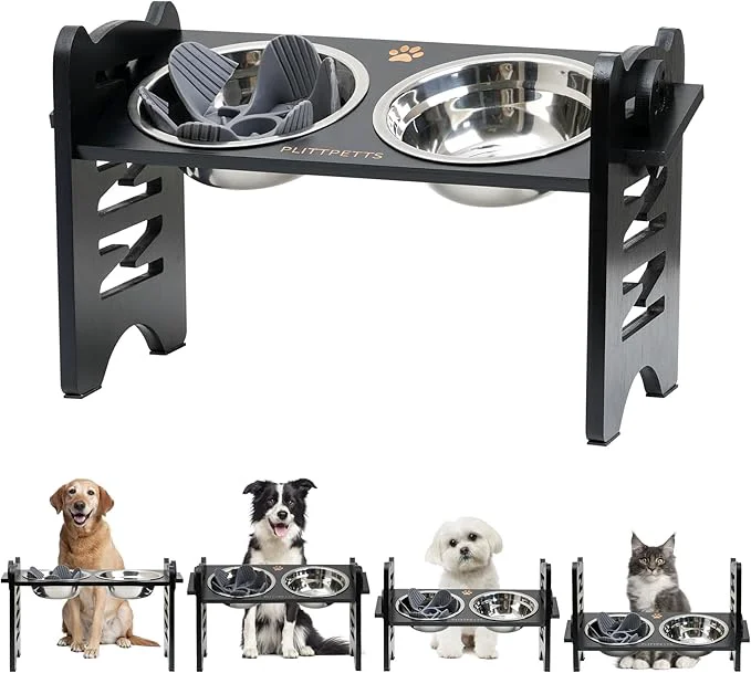 Convenient d Dog Bowls 9 Heights Adjustable Raised Dog Bowl Stand for Small Medium Pet with 2 Stainless Steel Dishes and 1 Slow Feeder Bowl Sturdy Bamboo Pet Food Dishes with Non-Slip FeetAbout ThisOverview Solid