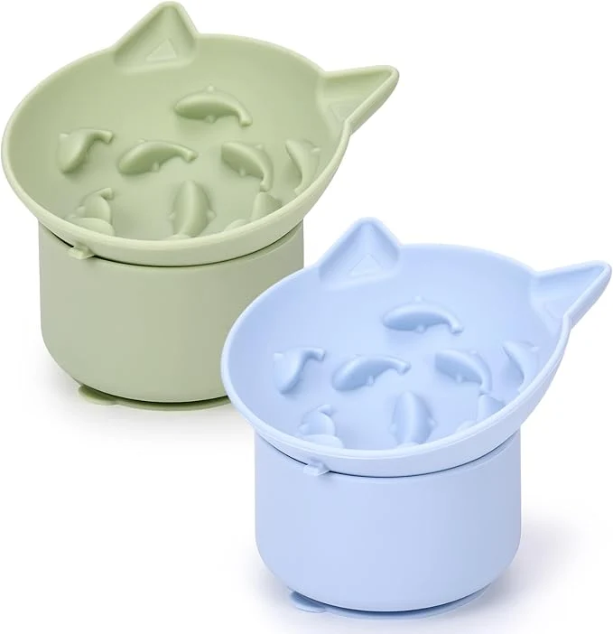 High-End 2 Pack Silicone Cat Slow Feeder d Slow Feeder Cat Bowl for Dry and Wet Food Tilted Design with Non Slip Base Adjustable Angle for Pet Green and Blue About ThisOverview Fast