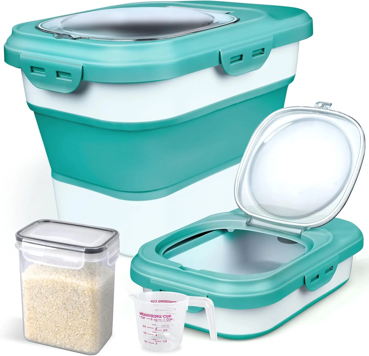 Refined Rice Storage Container Collapsible Airtight Food Storage Containers 6-20 Lbs Rice Dispenser with Measuring Cup and Small Bin for Flour Ce Pasta Grain Cat Pet Dog Bird Food Container Convenient