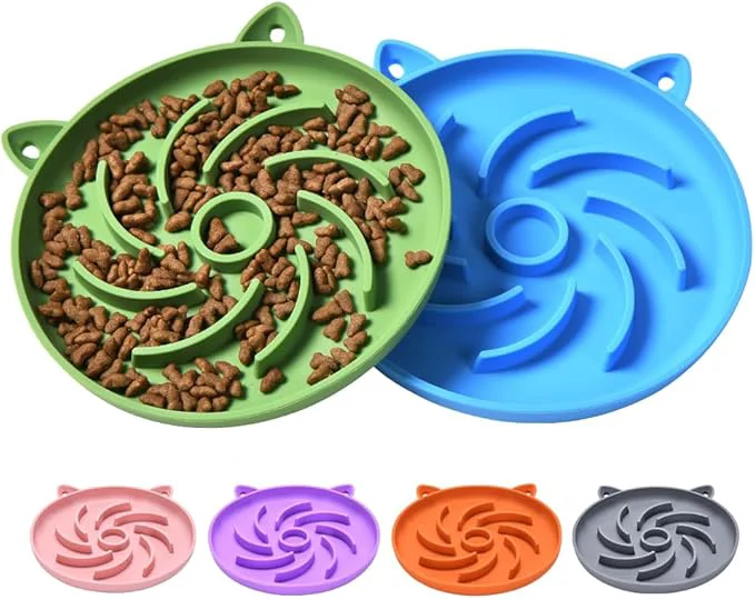 Fashionable 2Pcs Silicone Slow Feeder Cat Bowl Puzzle Feeder Interactive Toys Slow Feeding cat Bowl Suitable for All Dry and Wet Foods Easy to Clean Silicone Bowls Green and Blue About ThisOverview Solid