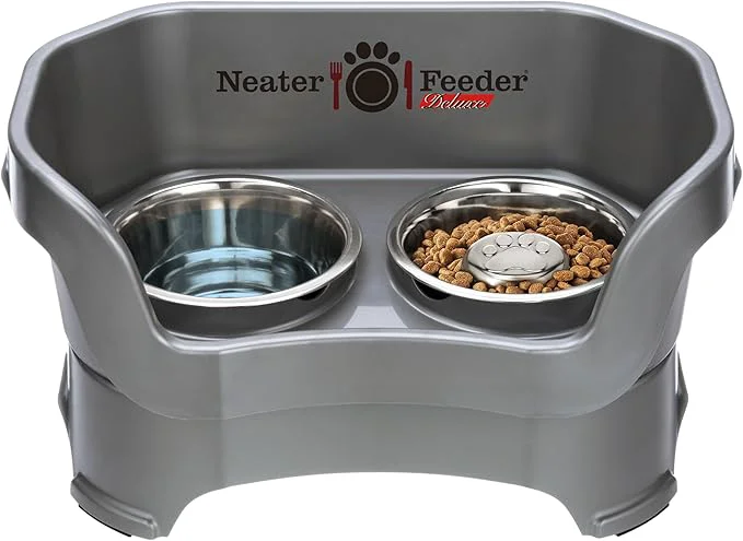Flexible Neater Feeder Deluxe Mess Proof Dog Bowls d for Medium Sized Breeds – Made in USA – No Spill Raised Slow Feeder d Dog Bowl Stand Stainless Steel Food and Water Bowl Set GreyAbout ThisOverview Smooth