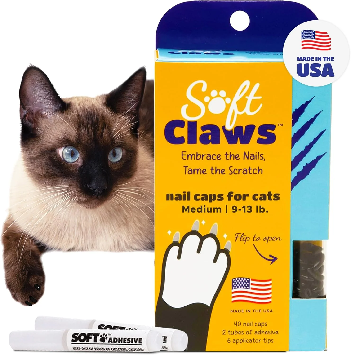 Organic Soft Claws Cat Nail Caps for Medium Cats – 40 Caps Black – Made in USA – Veterinarian-Developed Protects Furniture Skin – Easy to Apply Long-Lasting Anti-Scratch Soft Cat Claw Covers Durable