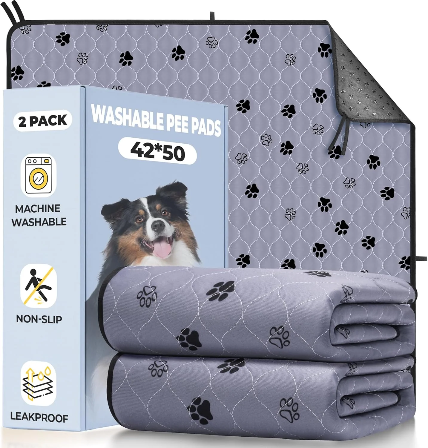 Stylish Fostanfly Non-Slip Washable Pee Pads for Dogs 2 Pack Large 42 x50 Ultra-Absorbent Leak-Proof Reusable Potty Training Pads of Add 8 Lanyards for Dogs Puppy and Cats Premium Material