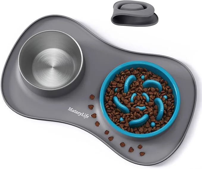 Secure MateeyLife Dog Food and Water Bowl Set 3 in 1 Slow Feeder Dog Bowls Stainless Steel Water Bowl with Non-Spill Silicone Mat Cat and Puppy Bowls Pet Dishes for Small Medium Large Breed Anti-ChokingAbout ThisOverview High-End