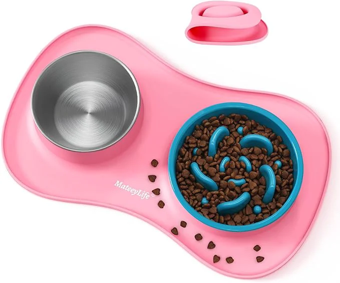Organic MateeyLife Dog Food and Water Bowl Set 3 in 1 Slow Feeder Dog Bowls Stainless Steel Water Bowl with Non-Spill Silicone Mat Cat and Puppy Bowls Pet Dishes for Small Medium Large Breed Anti-ChokingAbout ThisOverview Recyclable