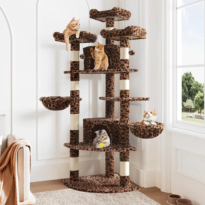 Comfortable Allewie 73in Fan-Shaped Space-Saving Corner Cat Tower Multi-Level Tall Cat Tree Optimized