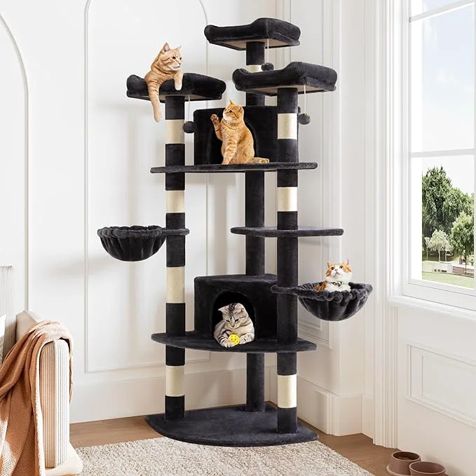 Comfortable Allewie 73in Fan-Shaped Space-Saving Corner Cat Tower Multi-Level Tall Cat Tree Innovative