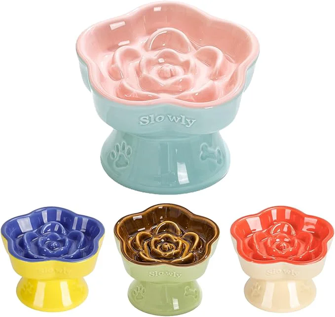 Carefully Designed S Q’s CERAMICS Raised Slow Feeder Cat Bowl Ceramic d and Titled Glass Food Bowl Small Dogs Slow Feeder Flower Shaped Cute Cat Dish for Dry and Wet Food Pink 5.8 About ThisOverview Reusable