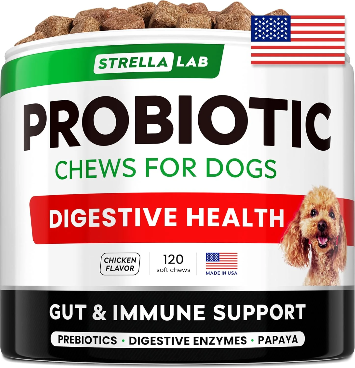 Traditional STRELLALAB Pet Probiotics for Dogs Digestive Enzymes Digestion Gut Health Treats Dog Probiotics Chews Fiber Supplement Anti Diarrhea Constipation Upset Stomach Gas Relief Canine Prebiotic Organic