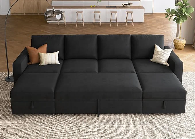 Authentic HONBAY Modular Sectional Sleeper Sofa Bed Velvet Sectional Couch with Pull Out Bed U Shaped Modular Couch with Storage Ottoman for Living Room BlackAbout ThisOverview Proven