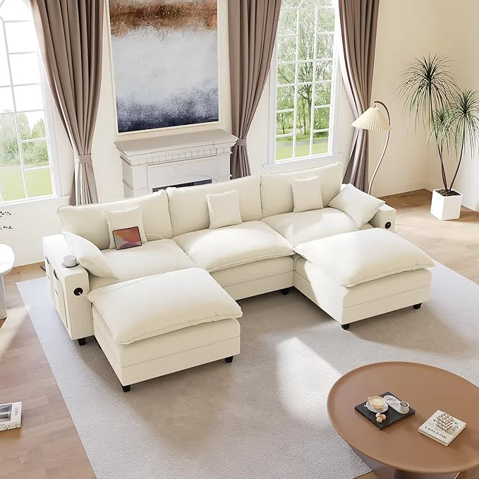 Organic 116 Modular Sectional Sofa U Shaped Cloud Couch with Movable Ottoman Chenille Deep Seat Cloud Sofa with Charging Station Cup Holder Side Pocket Sectional Couches for Living Room BeigeAbout ThisOverview Effective