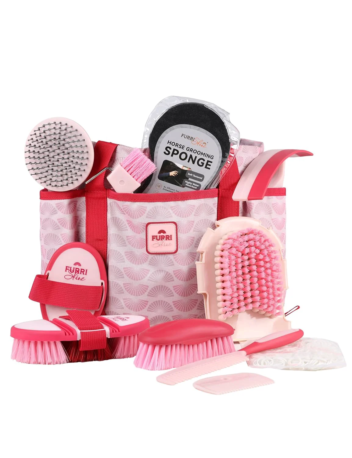 Trusted 11PCS Horse Grooming Kit Curry Comb Sweat Scraper Horse Bathing Supplies Grooming Tools with Storage Bag Pink Garnet Detailed