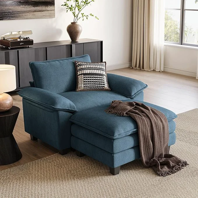 Modern LINSY HOME Cloud Sofa Accent Chair with Ottoman Chaise Lounge Chair Indoor Corduroy Couch Sofa Chair for Living Room Apartment Bedroom Office BlueAbout ThisOverview Minimalist