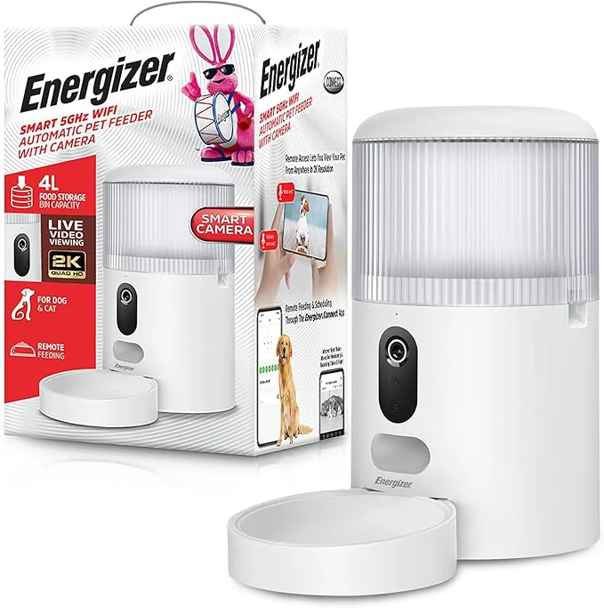Functional Energizer Smart Pet Feeder with 2K Video Camera 5Ghz 2.4Ghz Dual Band Wi-Fi 2-Way Audio Night Vision 4L Food Capacity Remote Feeding Dogs Cats Compatible with Alexa Google RecordsAbout ThisOverview Effective