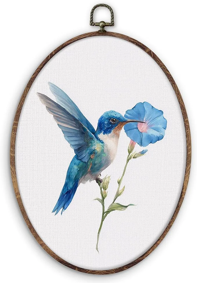 Flexible DILSJ Blue Hummingbird Floral Oval Wall Art Decor Bird Hummingbird Canvas Wall Natural