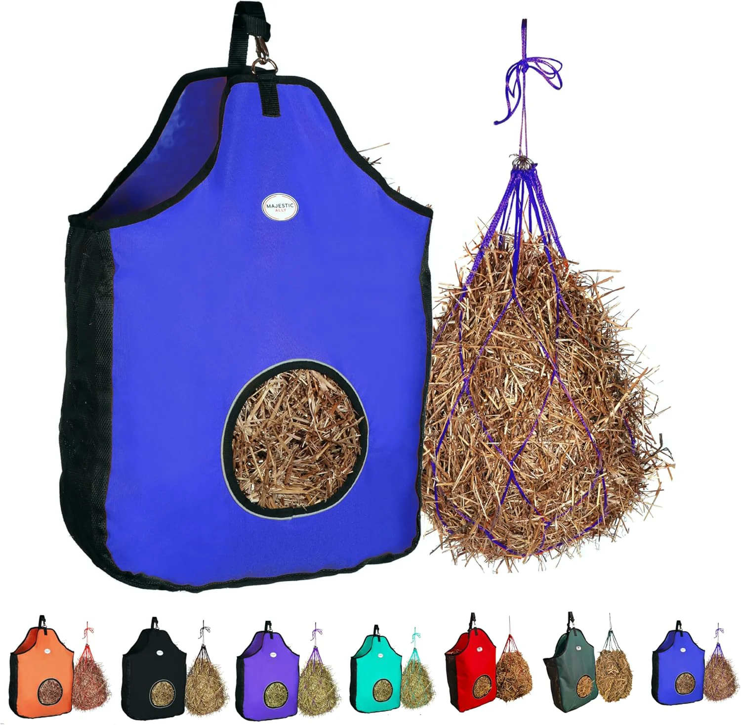 Responsible Majestic Ally 1200 D Hay Feeder Tote Bag for Horses Sheep with Reflective Trim- Reduces Waste – Comes with 36 Hay Net. Royal Blue Modern