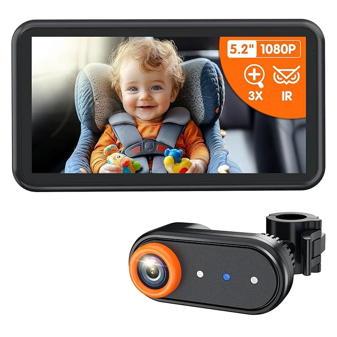 Safe BM2A Baby Car Camera – 3X Zoom to See Baby Clearly 5.2 1080P Display Auto IR Night Vision Rear-Facing View Monitor Easy Install for Parents Pet Owners Soft