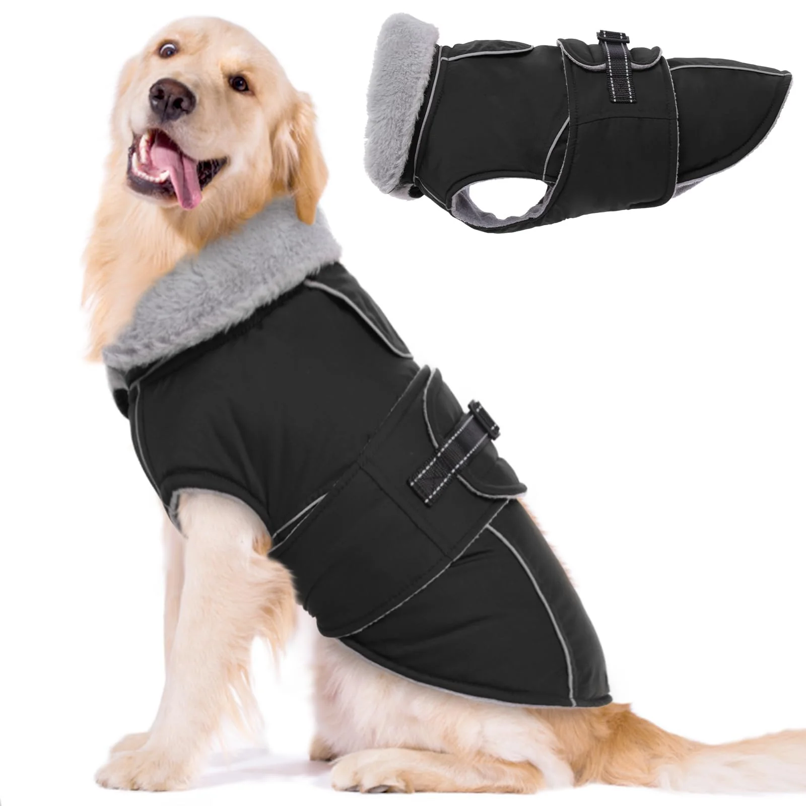 Fine LeLePet Waterproof Windproof Dog Coat Black 2XL – Reflective Adjustable Fleece-Lined Fast