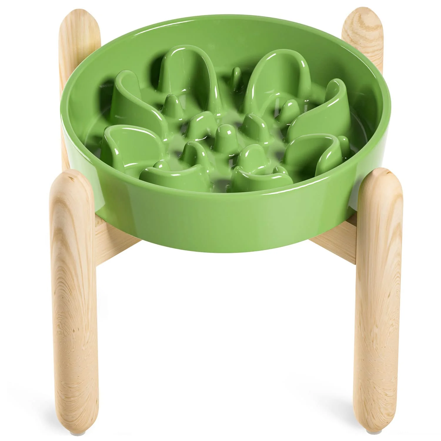 Traditional LE TAUCI Ceramic Slow Feeder Bowl with Wooden Stand – d 1.5 Cup Clover Green for Small Medium Dogs High-Quality