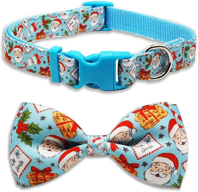 Carefully Designed Christmas Dog Collar with Bow Tie Set Holiday Santa Claus Pattern Pet Collar Smooth