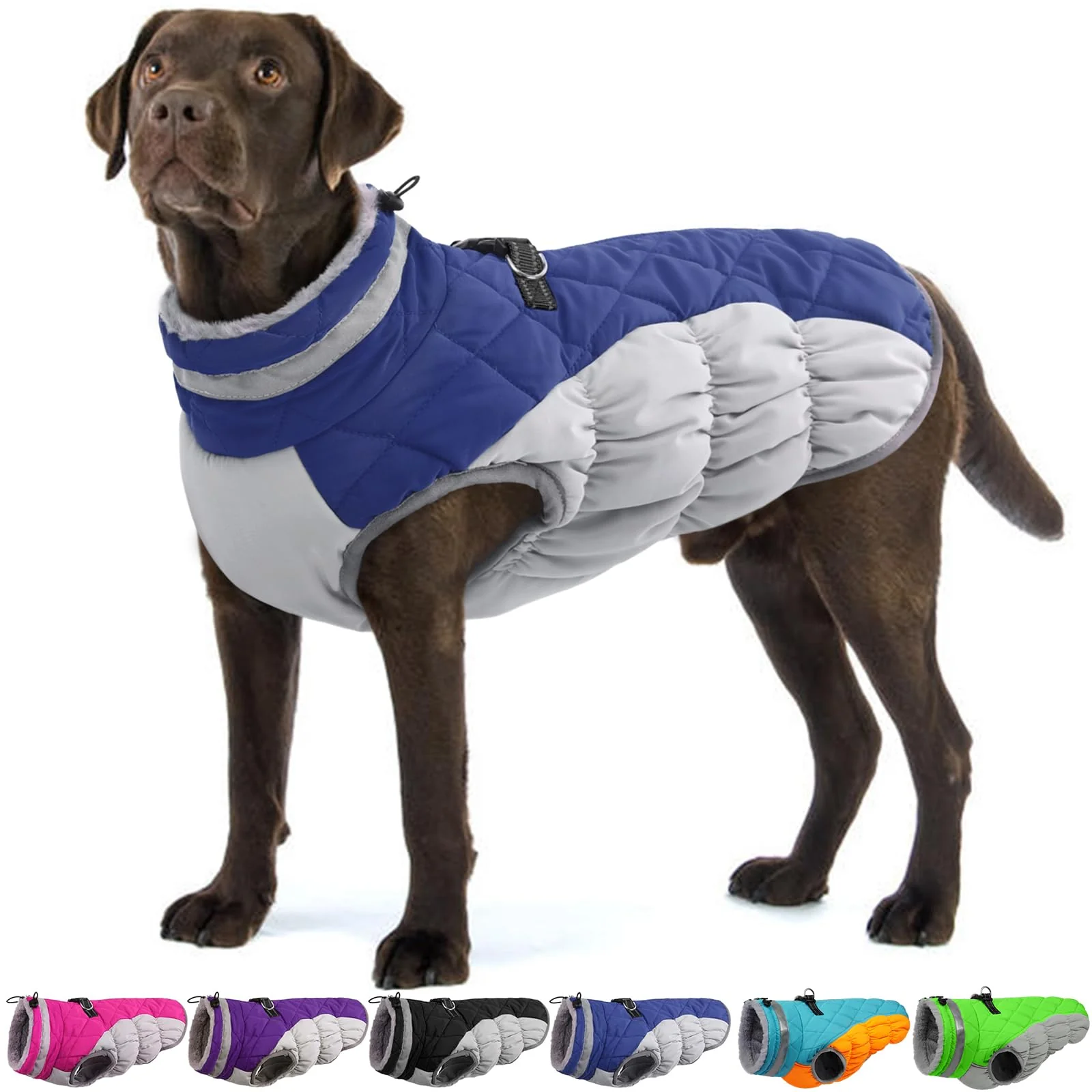 Convenient OUOBOB XXL Waterproof Dog Coat with Back Zipper – Warm Winter Jacket Blue Secure