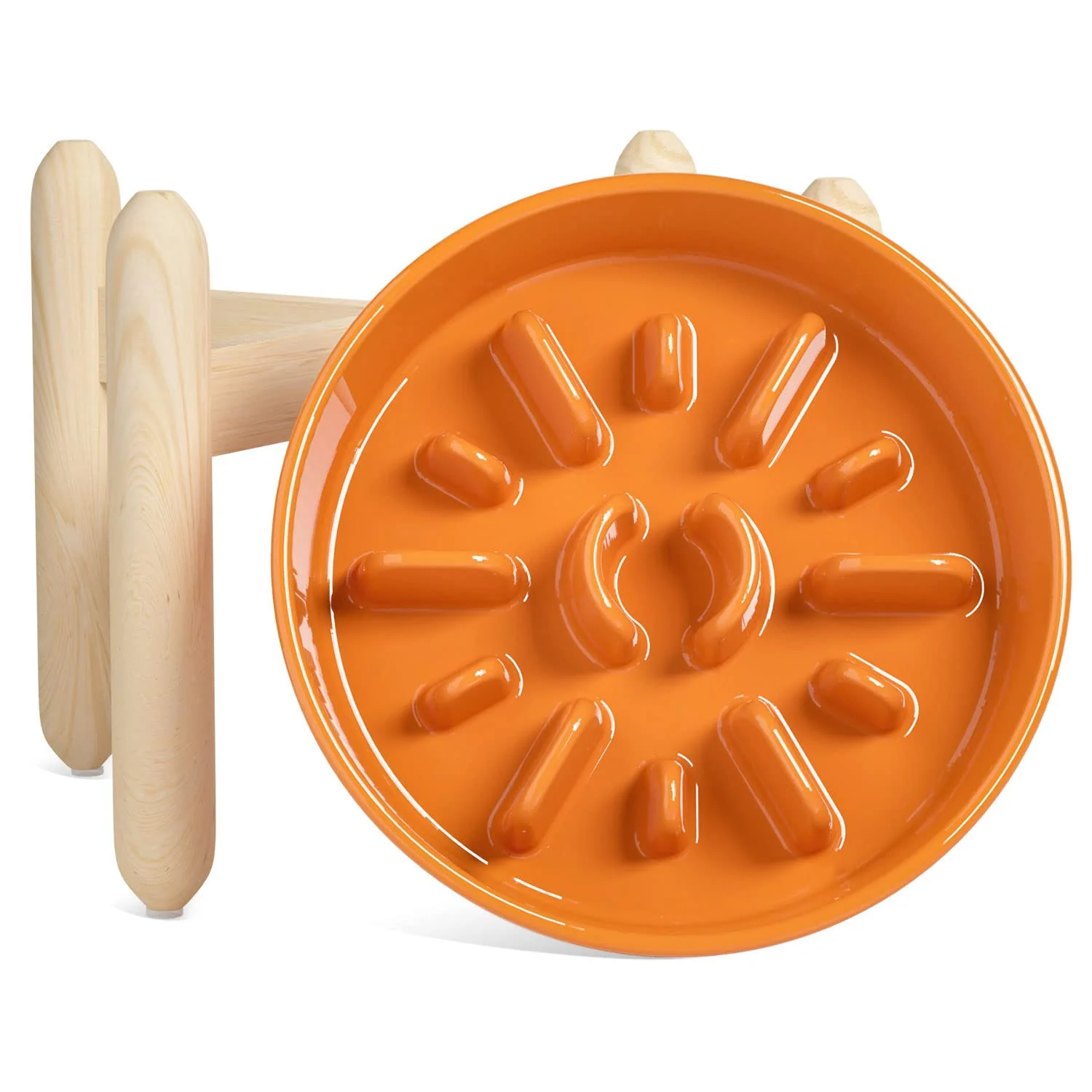 Powerful LE TAUCI Ceramic Slow Feeder Puzzle Bowl with Wooden Stand — 3 Cup Sun Orange High-End