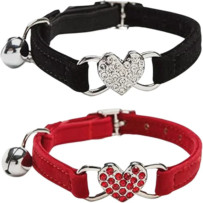 Fine Heart Bling Cat Collar with Safety Belt and Bell Adjustable 8-10 inches Recyclable