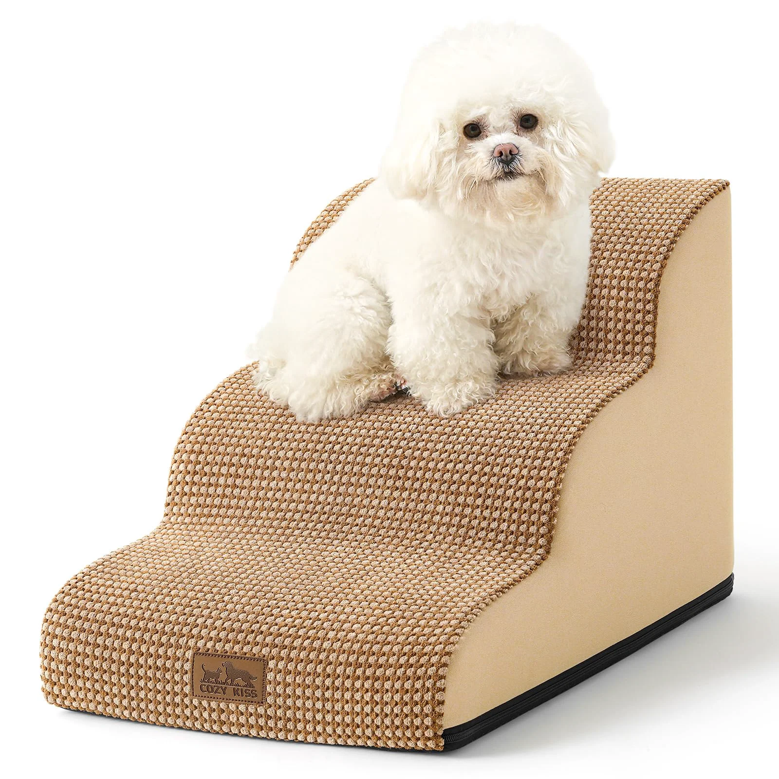 Outstanding COZY KISS Dog Stairs for Small Dogs - 3-Step Curved Foam Ramp 15.7-Inch High Light Brown Flexible
