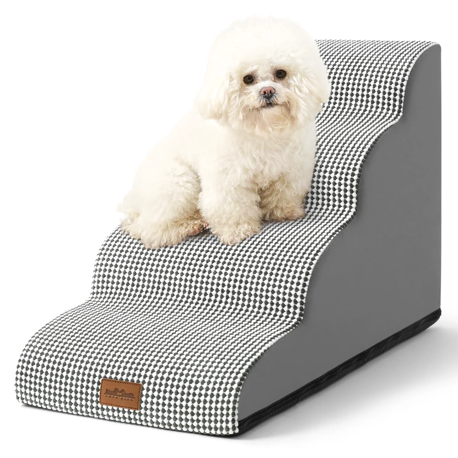 Convenient COZY KISS Dog Stairs for Small Dogs — 4-Step Curved Ramp for Sofa 19.7 H White Black Smart
