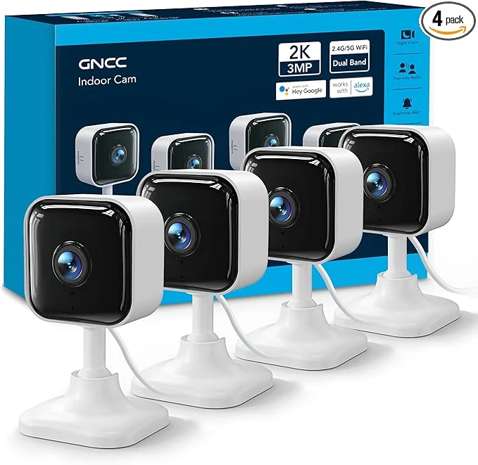 Long-Lasting GNCC 2K Cameras for Home Security Indoor 2.4G 5G Pet Cam with Phone App Mini Dog Camera w Motion Detection 2 Way Audio Works with Alexa Cloud Subscription Required Fixed View Plug-in 4PackAbout ThisOverview Durable