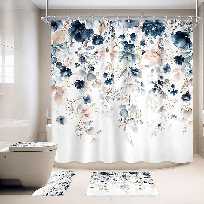 Excellent 4 PCS Navy Blue Floral Flower Shower Curtain Set 72Wx72H Inch Watercolor Pastel Optimized