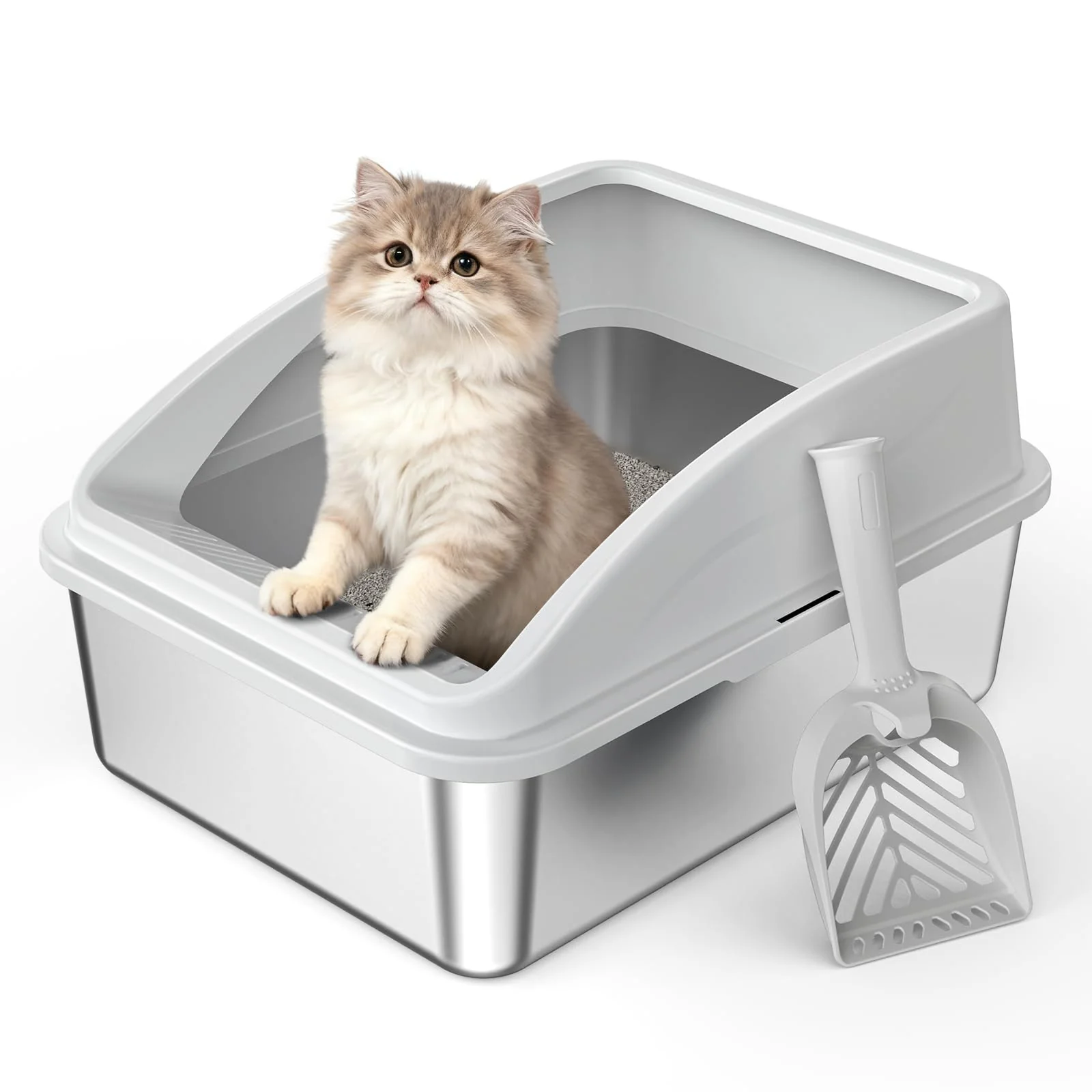 Fine AIPERRO Stainless Steel Litter Box with Lid High-Sided Low-Entry for Small or Injured Cats Premium Material