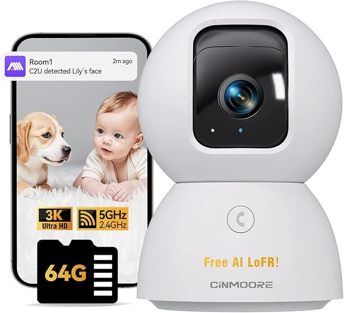 Trendy 5G Indoor Camera 3K Pet Dog Camera with Phone App Speaker 64GB SD Card Included No Subscription PTZ WiFi Baby Monitor for Home Security 0-Glow Night Vision AI DetectionAbout ThisOverview Refined
