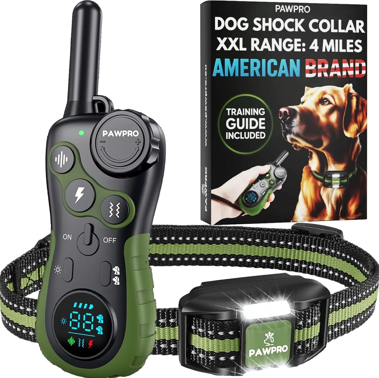 Excellent PAWPRO Dog Shock Collar Green — 4-Mile Range 124 Levels 4 Modes Waterproof Rechargeable Genuine