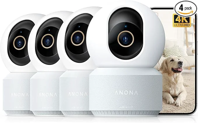 Original Anona 4K UHD Indoor Camera Pet Dog Baby Security Camera with Phone App 360°Pan-Tilt 2.4G 5G Dual-Band Wi-Fi 6 Auto-Tracking Person Pet Baby Crying Detection Privacy Mode Two-Way Audio 4 PackAbout ThisOverview Contemporary