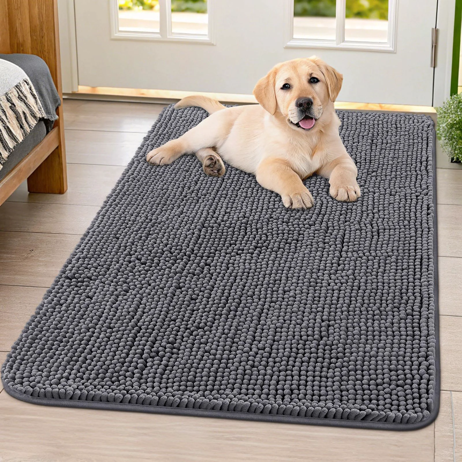 Functional Smiry Dog Door Mat 40×32 – Absorbs Moisture Dirt Non-Slip Chenille Front Door Mat Authentic