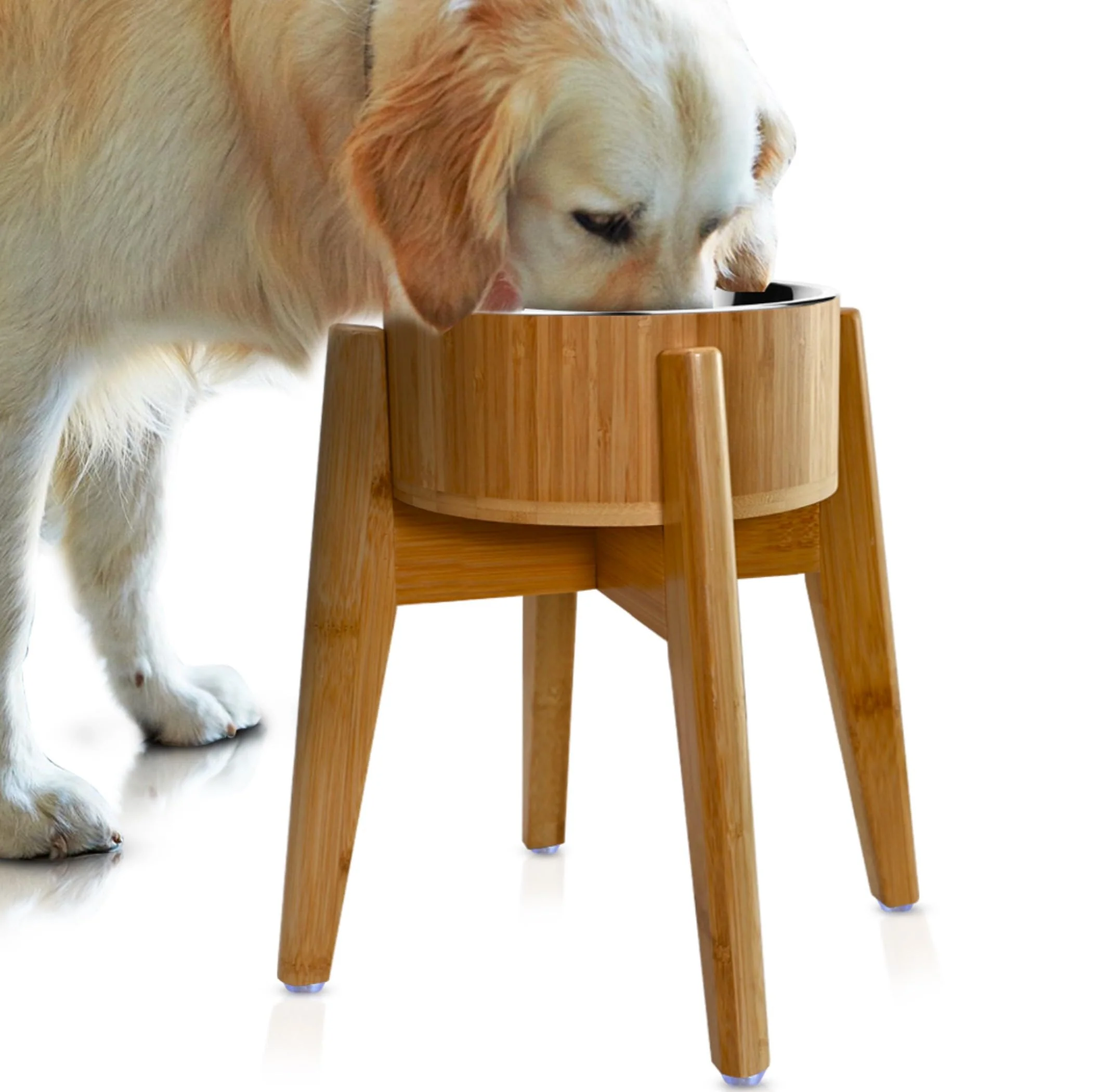 Soft ZPirates d Dog Bowls for Large Breed – 15-Inch Raised Bamboo Stand with Stainless Dish Casual