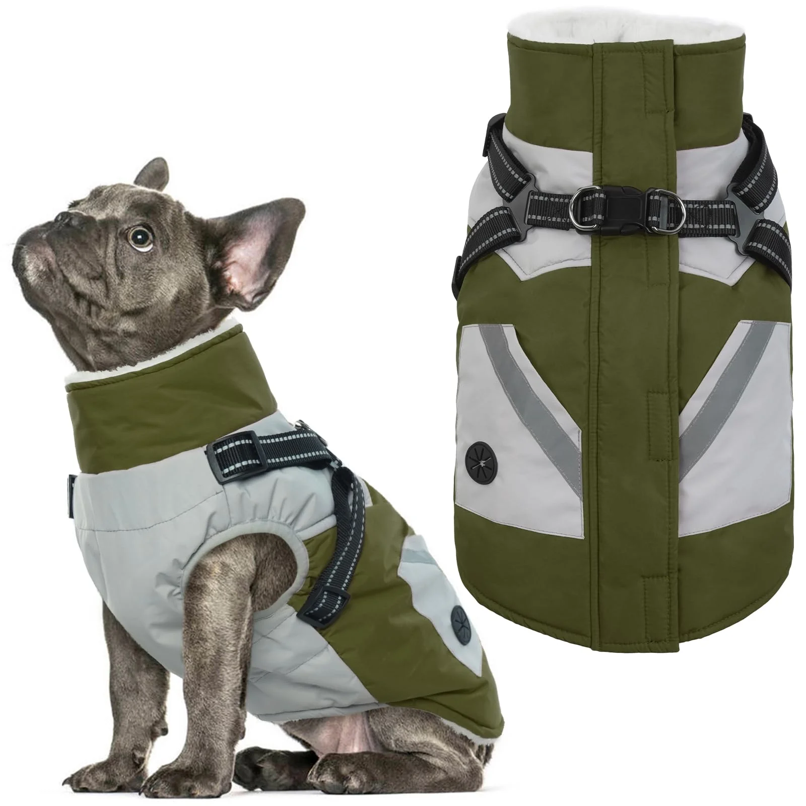 Expertly Made IECOii Dog Winter Coat Waterproof – Green Medium Built-in Harness Fleece Lined Reflective Snow Suit Lightweight