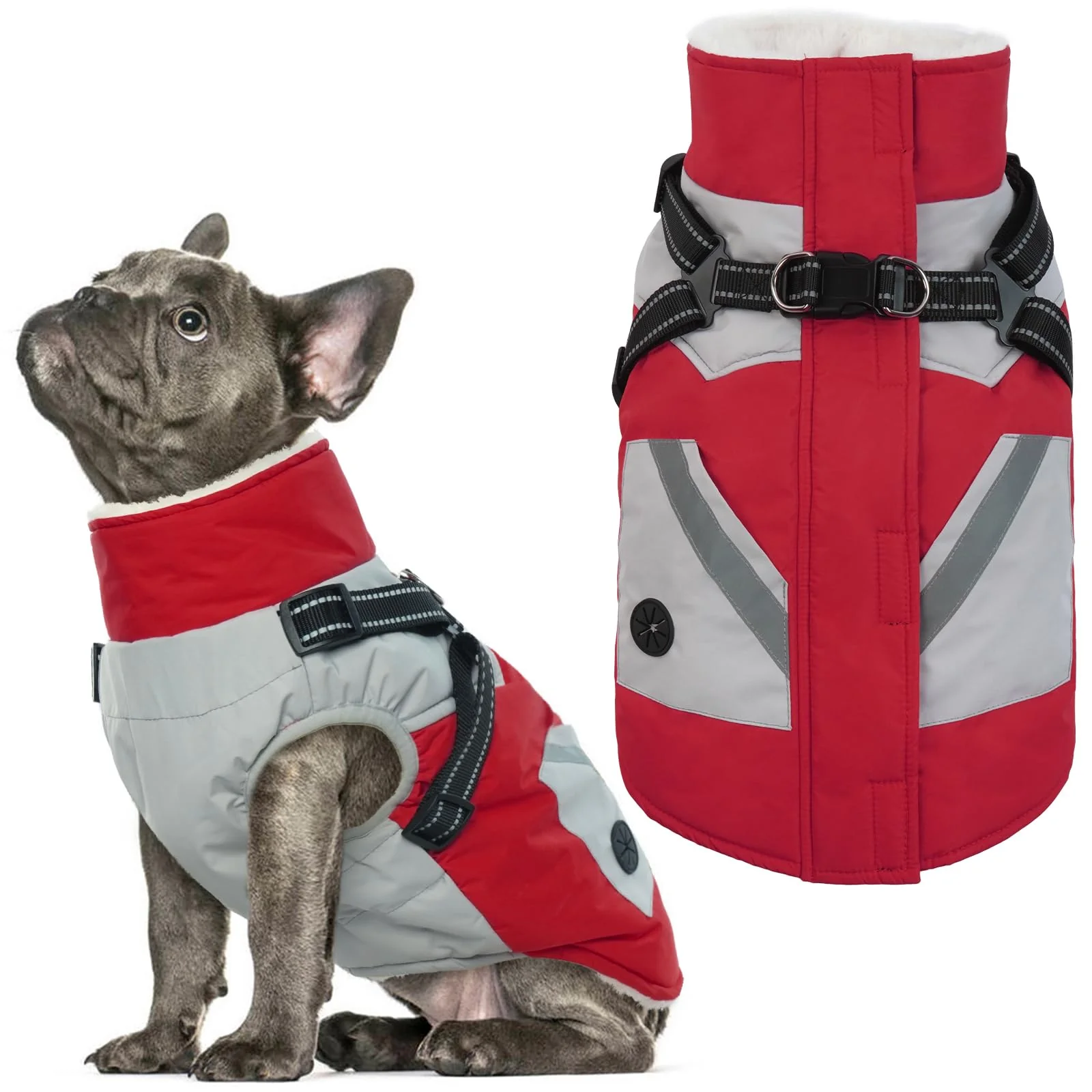 High-End IECOii Dog Winter Coat Waterproof – Red Medium Harness Built-In Thermal Fleece Reflective Snow Suit Original Design