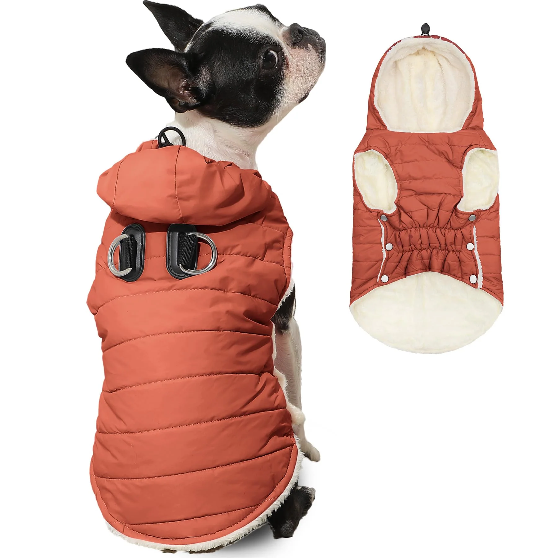 Verified Vecomfy Fleece-Lined Dog Hoodie with Built-In Harness — Extra Warm Orange XL Lightweight