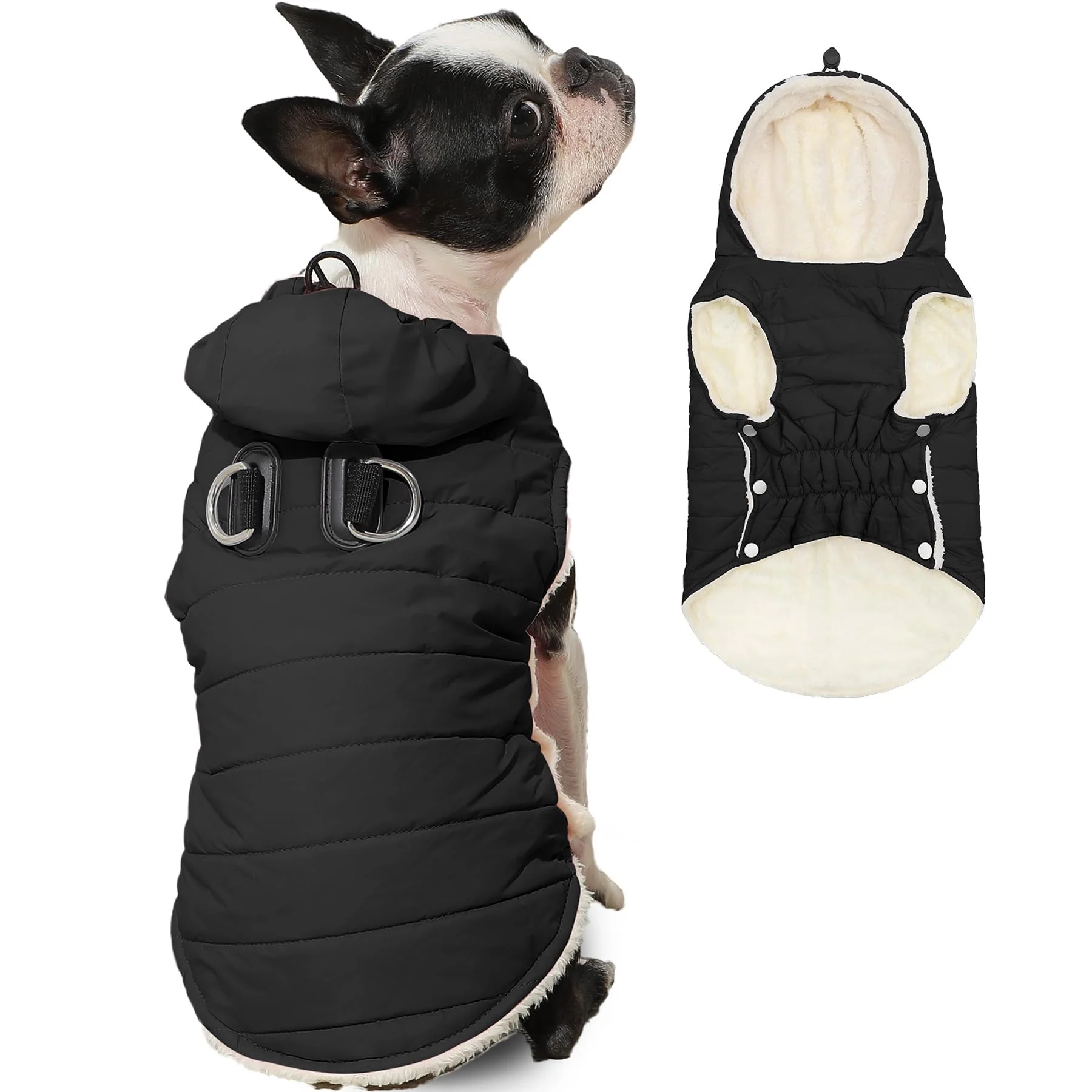 Artisan Vecomfy Fleece-Lining Dog Hoodie with Built-In Harness Extra Warm Large Dog Coat for Winter Trendy