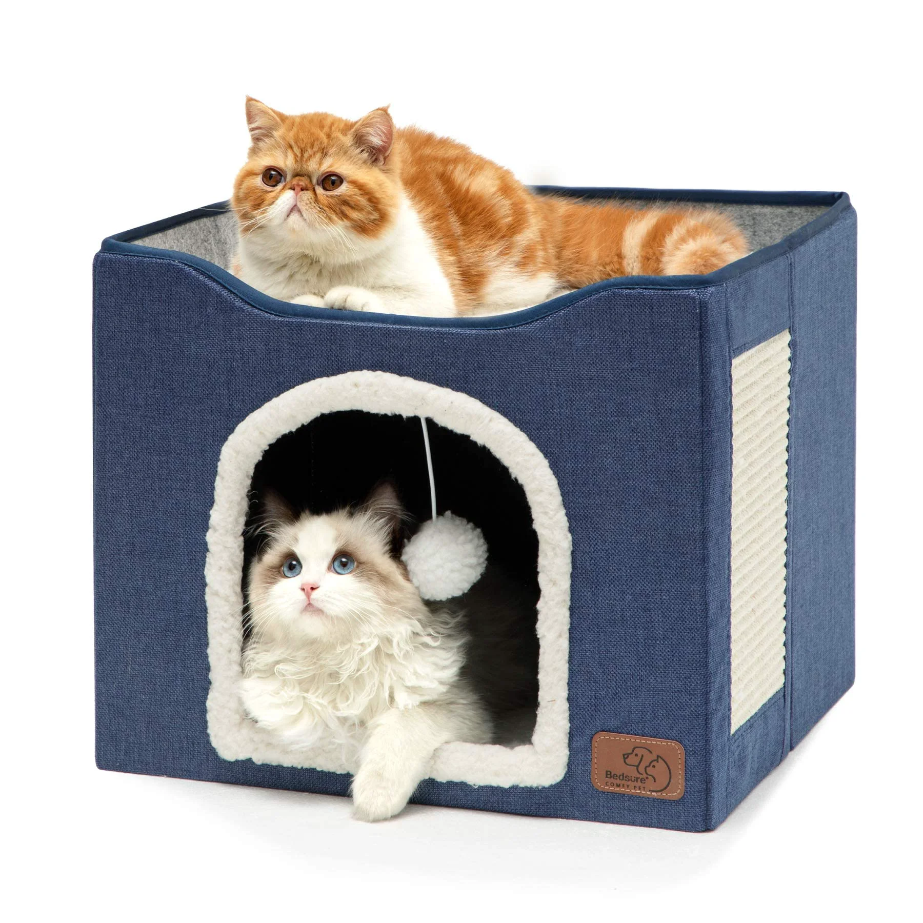 Versatile Bedsure Cat Beds for Indoor Cats – Large Foldable Cat Cave with Scratch Pad Plush Ball Blue Natural