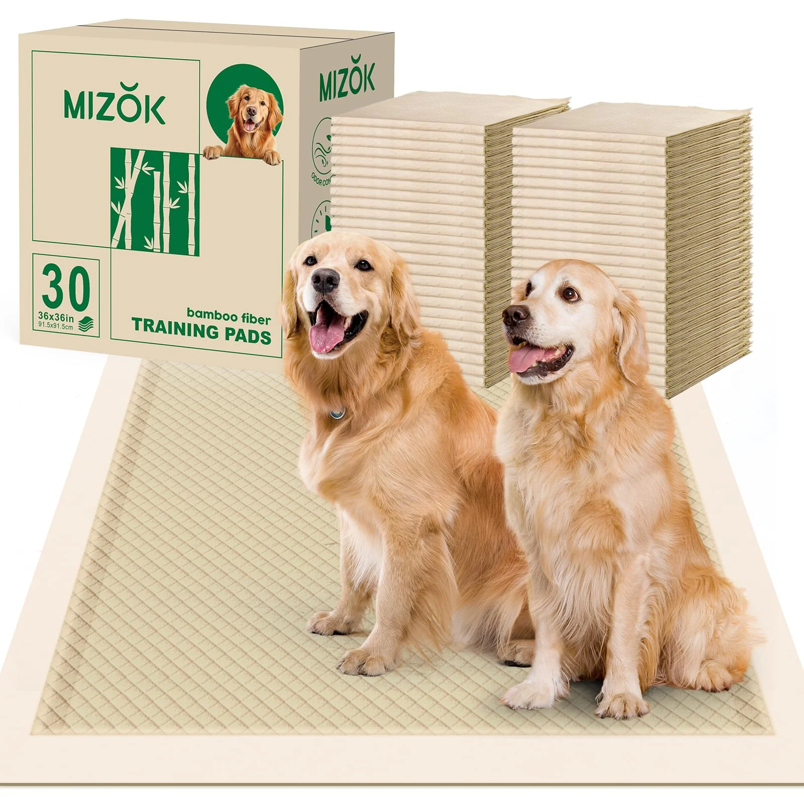 Green MIZOK Bamboo Dog Pee Pads 36x36in – Extra Large 30 Count Odor-Reducing Leak-Proof Fashionable