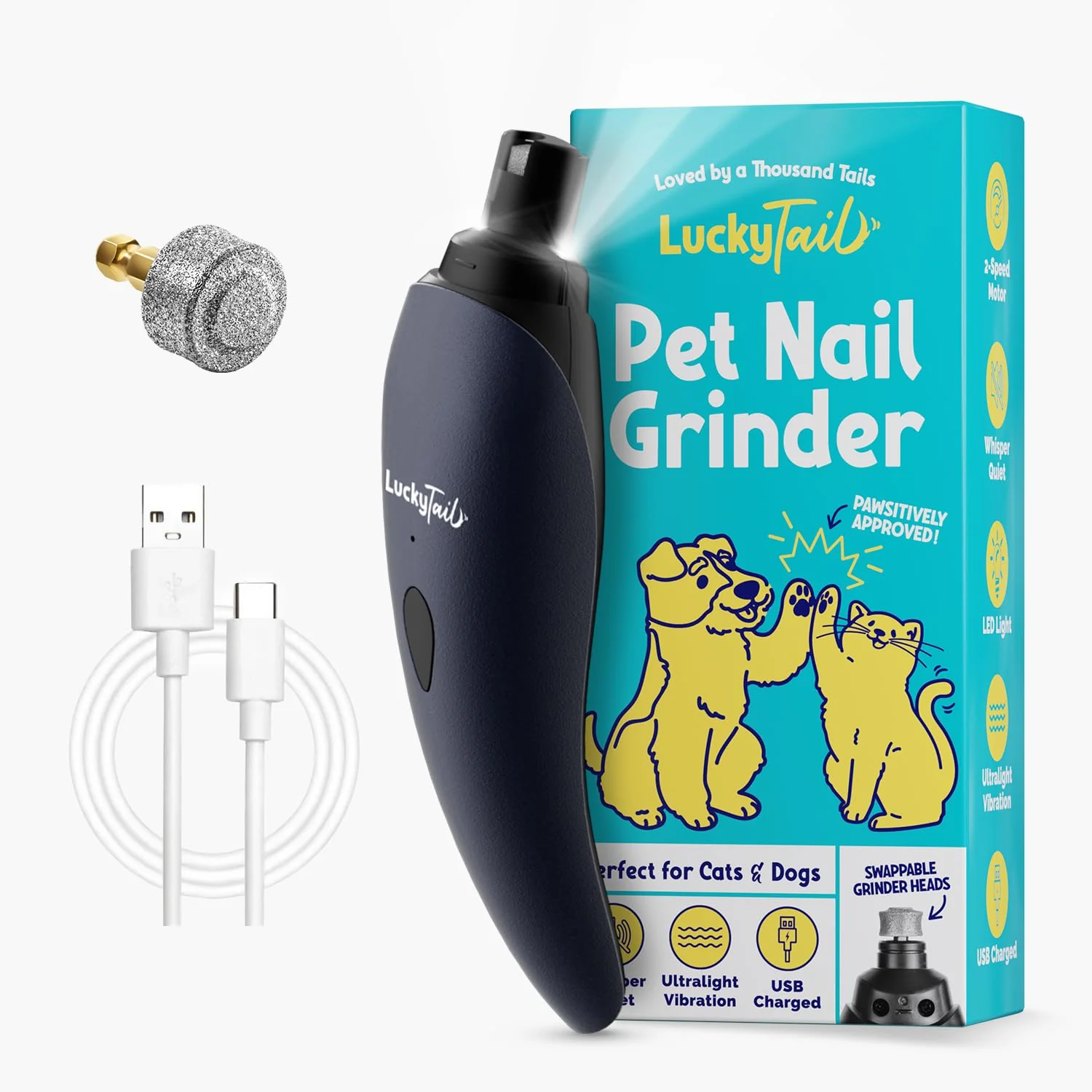 Optimized LUCKY TAIL Pet Nail Grinder for Dogs Cats — Quiet Low-Vibration USB Rechargeable 2 Speeds 2 LED Lights Elite