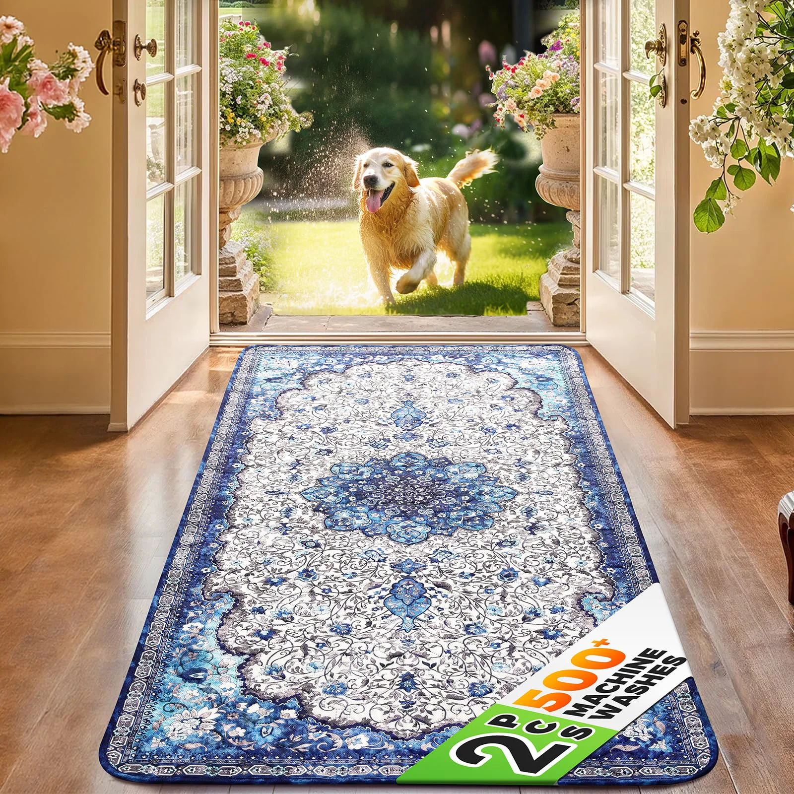 Green Hompet 2 Pack Super Absorbent Dog Door Mats – Quick-Dry Waterproof Entryway Rugs 24×60 Professional