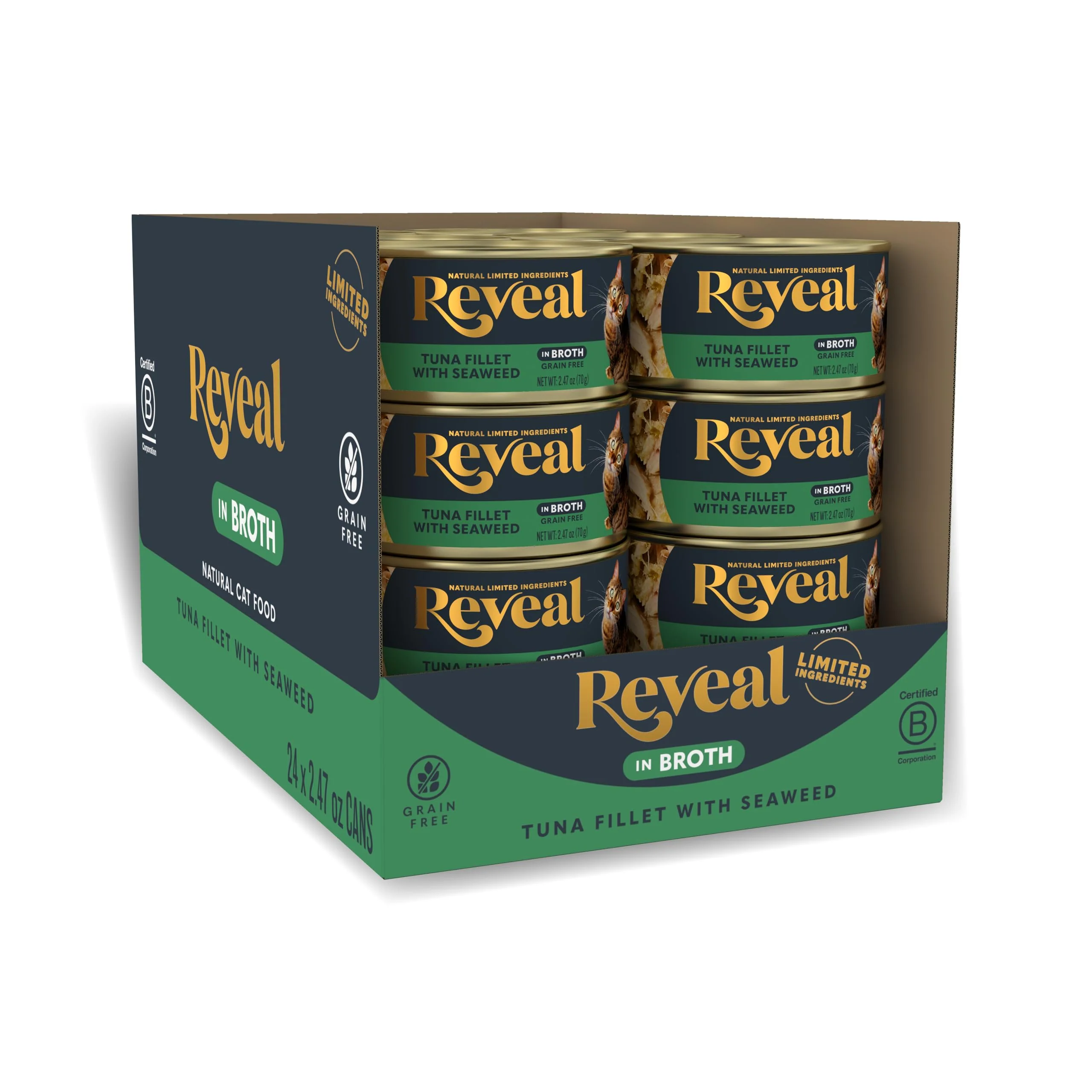 Proven Reveal Natural Wet Cat Food – Grain Limited-Ingredient Tuna with Seaweed in Broth 24 Cans 2.47 oz Elegant