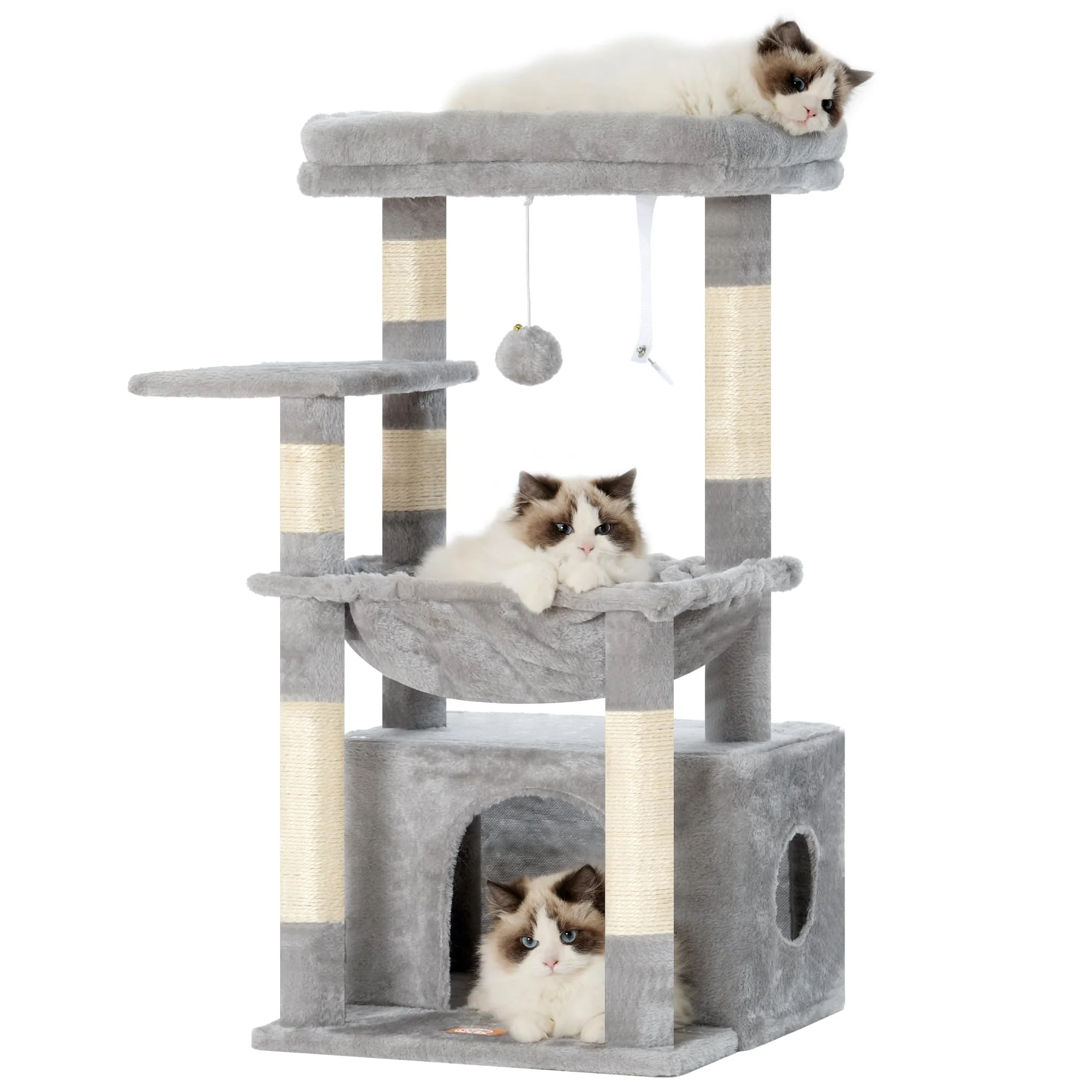 Lightweight Heybly Cat Tree — Kitten Tower with Large Soft Basket Hidden Bed Cave Light Gray HCT008SW Fine Crafted