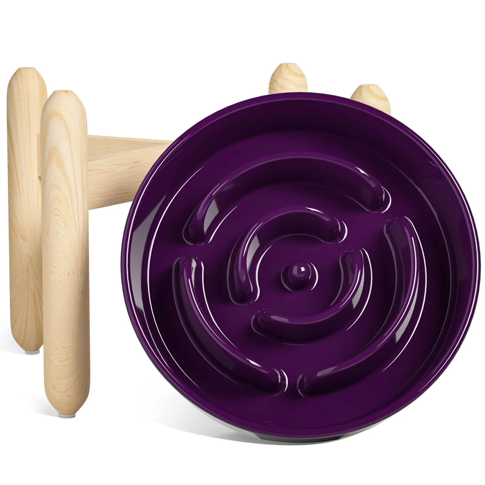 Original LE TAUCI Ceramic Slow Feeder Dog Bowl d Wooden Stand 3-Cup Maze Purple Efficient