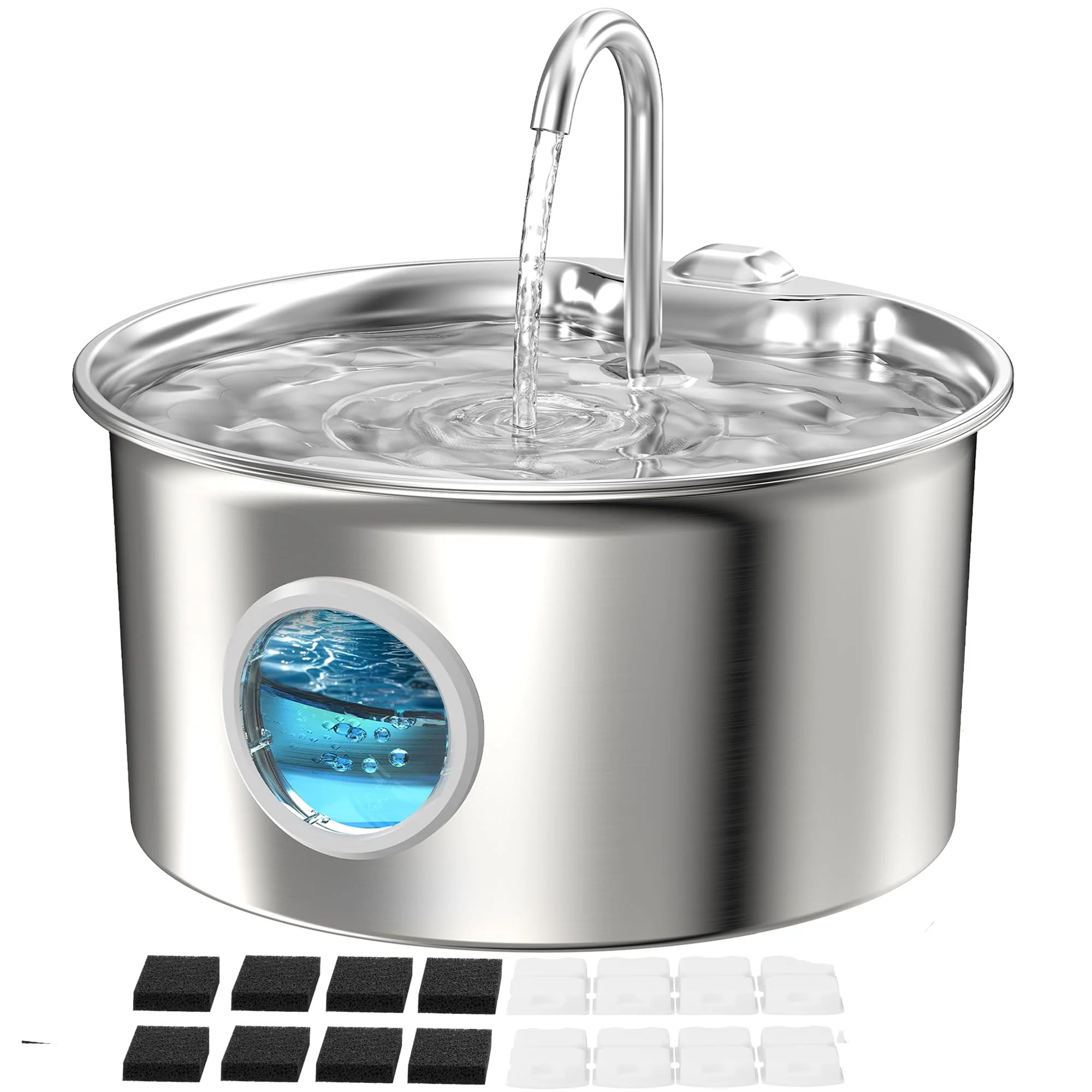 Soft ATMZIQXR Pet Water Fountain Stainless Steel 88oz 2.6L 4-Stage Filtration 8 Filters 8 Sponges Quiet 25dB Enhanced