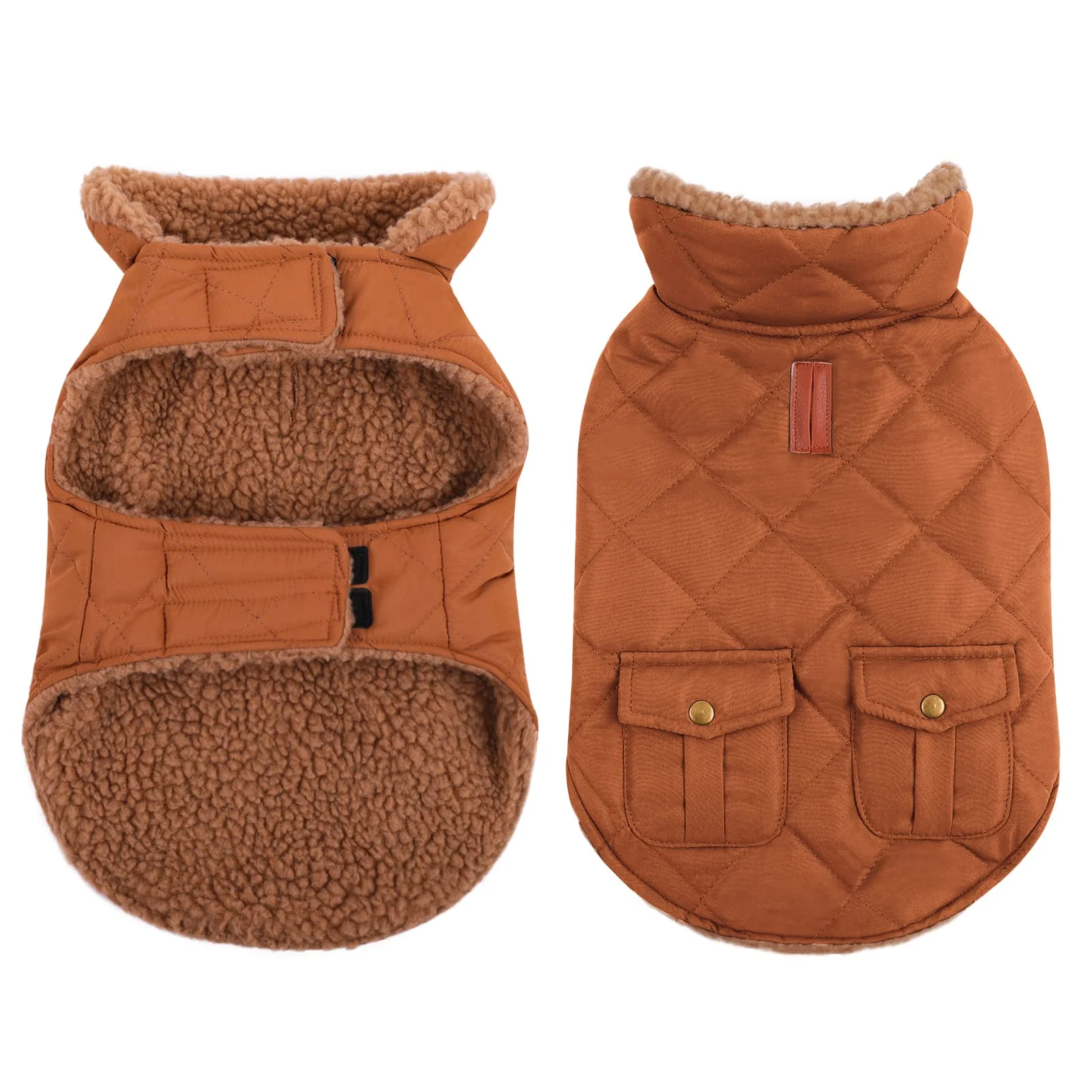Eco-Friendly Queenmore Warm Puffer Dog Coat – Ultra Thick Plush Lining Back Pockets Brown Small Healthy